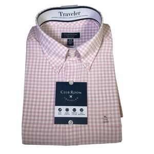 Club Room Men's Gingham Button-Down Shirt Rose Shadow Pink 17.5 32-33 $60